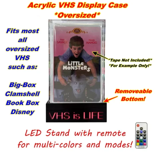 VHS Tape *OVERSIZED* Acrylic Display Case w/LED Stand & Remote! Removable Bottom!