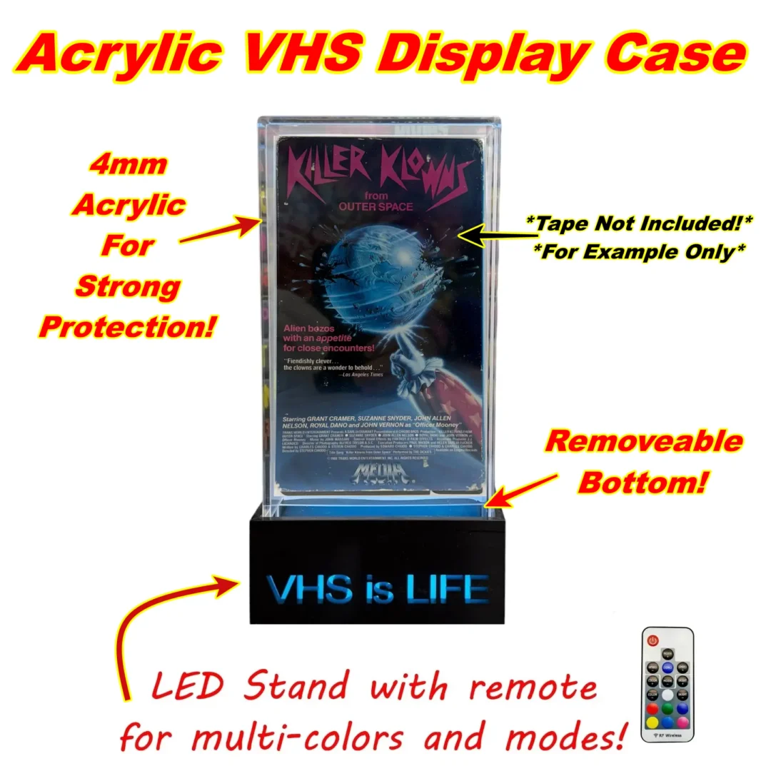VHS Tape 4mm Acrylic Display Case w/LED Stand & Remote! Removable Bottom!