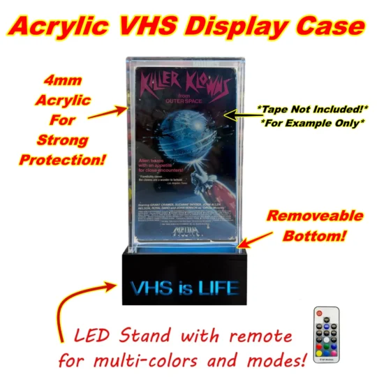 VHS Tape 4mm Acrylic Display Case w/LED Stand & Remote! Removable Bottom!