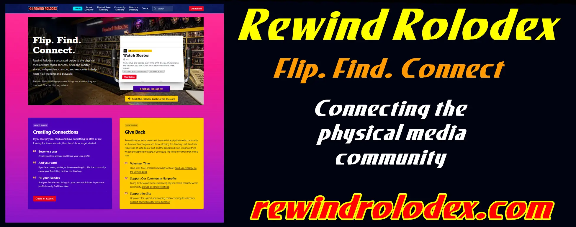 Rewind Rolodex Flip. Find. Connect. - Physical Media Community Directory
